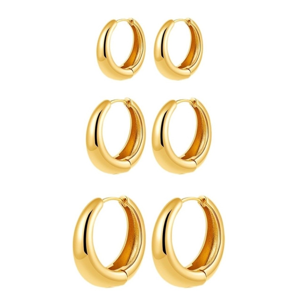 3 Pair Gold Tone Chunky Hoop Earrings Set High Polish Huggie Dainty Minimalist - Picture 2 of 3